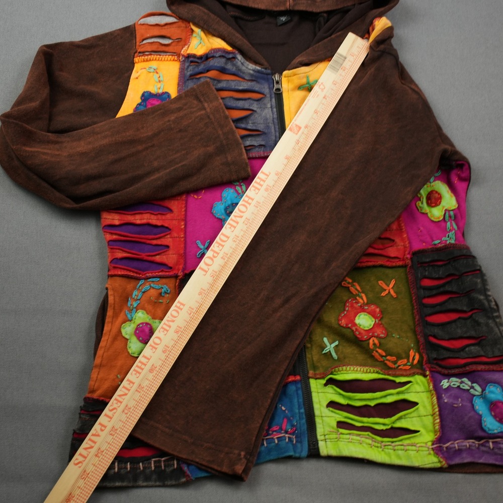 Om SaiRam Craft Flower Patchwork Embroidered Floral Hoodie Jacket Boho Size S - Picture 7 of 9